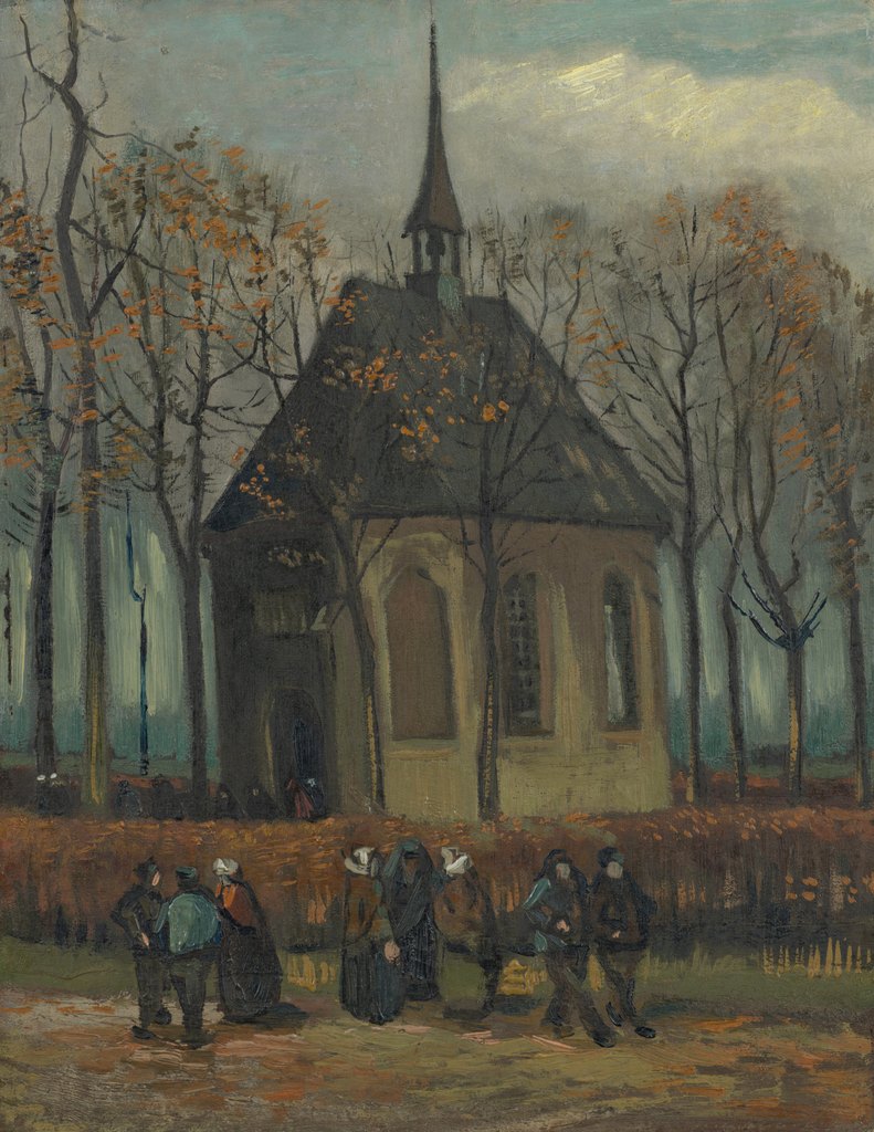 Congregación dejando la iglesia reformada en Nuenen, Vincent van Gogh, Nuenen, enero-febrero de 1884, retocado en el otoño de 1885