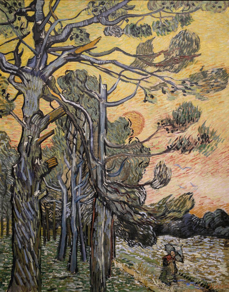 Pinos al atardecer, Vincent van Gogh, Saint-Rémy, diciembre de 1889
