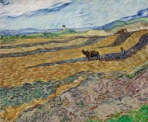 Campo cerrado con labrador y molino, de Van Gogh