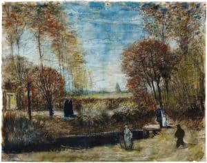 El jardín de la casa parroquial de Nuenen con estanque y figuras, de Van Gogh