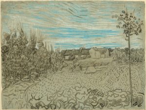 Cabañas con una mujer trabajando en primer plano, de Van Gogh