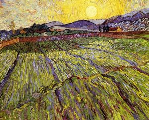 Campo cercado con trigo verde a la salida del sol, de Van Gogh