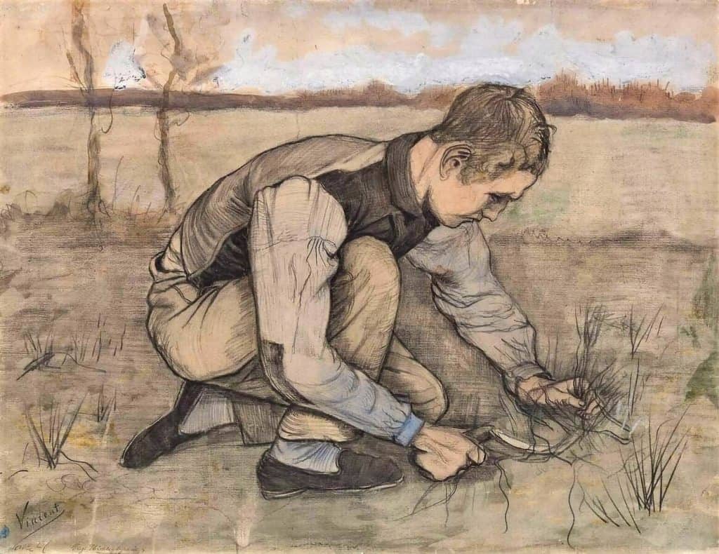 muchacho cortando hierba con una hoz