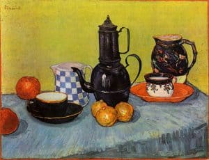 Naturaleza muerta con cafetera, loza y frutas, de Van Gogh