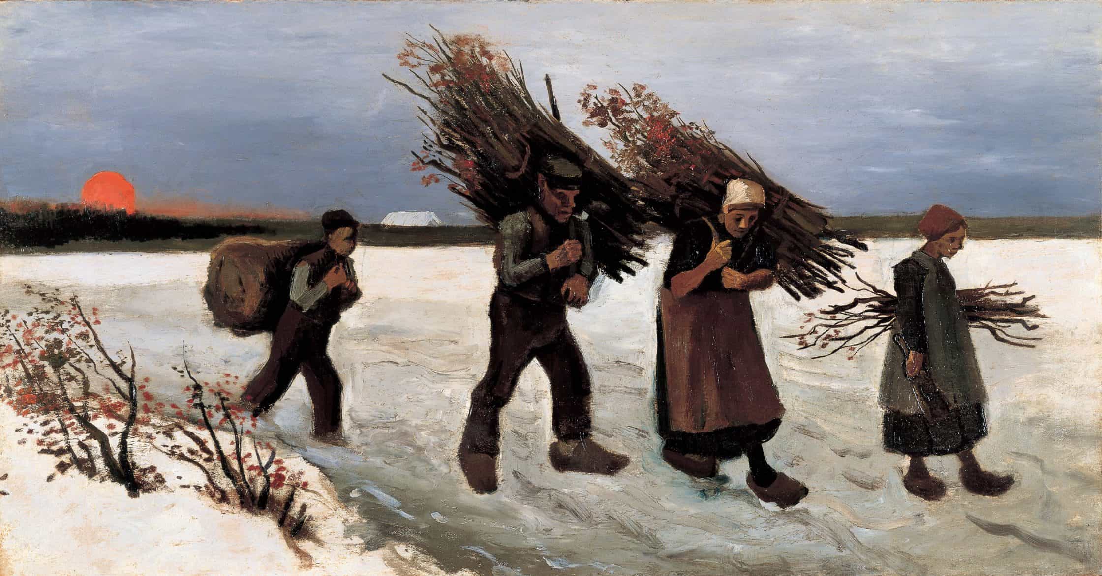 recolectores de leña en la nieve