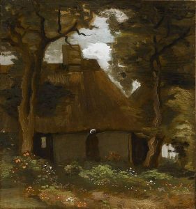 Casa de campo con dos árboles y campesina, de Van Gogh
