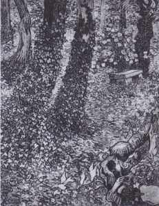 Árboles con hiedra en el jardín del hospital, de Van Gogh