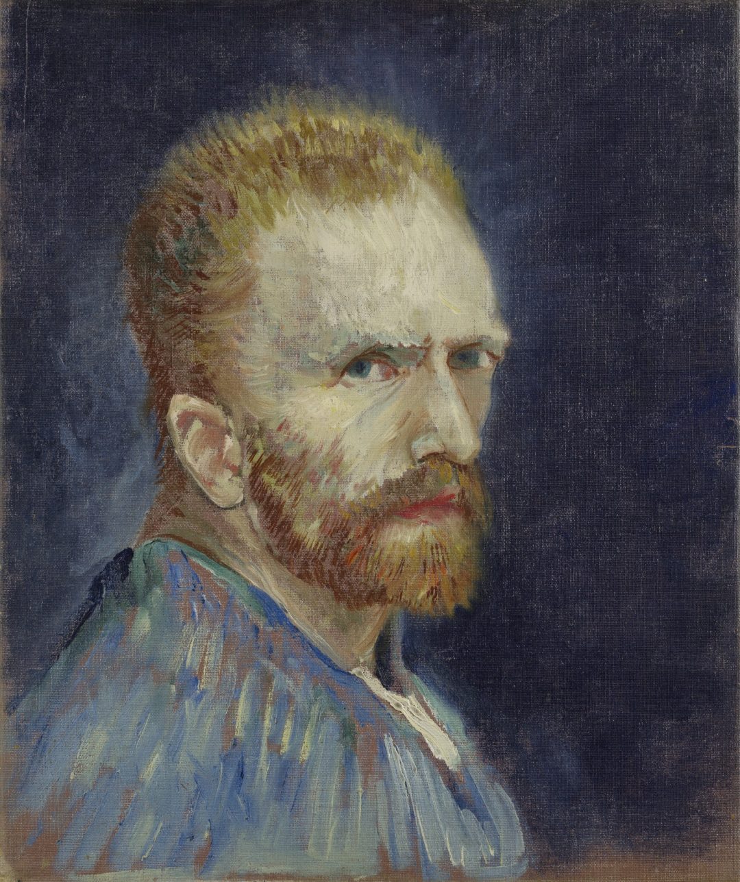 Autorretrato de Van Gogh (París, 1887), mirando de reojo sobre fondo azul oscuro