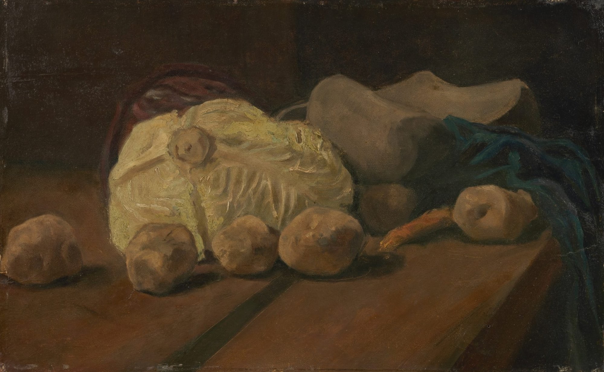 Bodegón con col y zuecos, de Van Gogh (La Haya, 1881): col, patatas y zuecos sobre una mesa