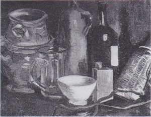 Bodegón con loza, vaso de cerveza y botella, de Van Gogh