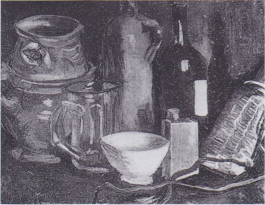 Bodegón con loza, vaso de cerveza y botella, Van Gogh, 1884