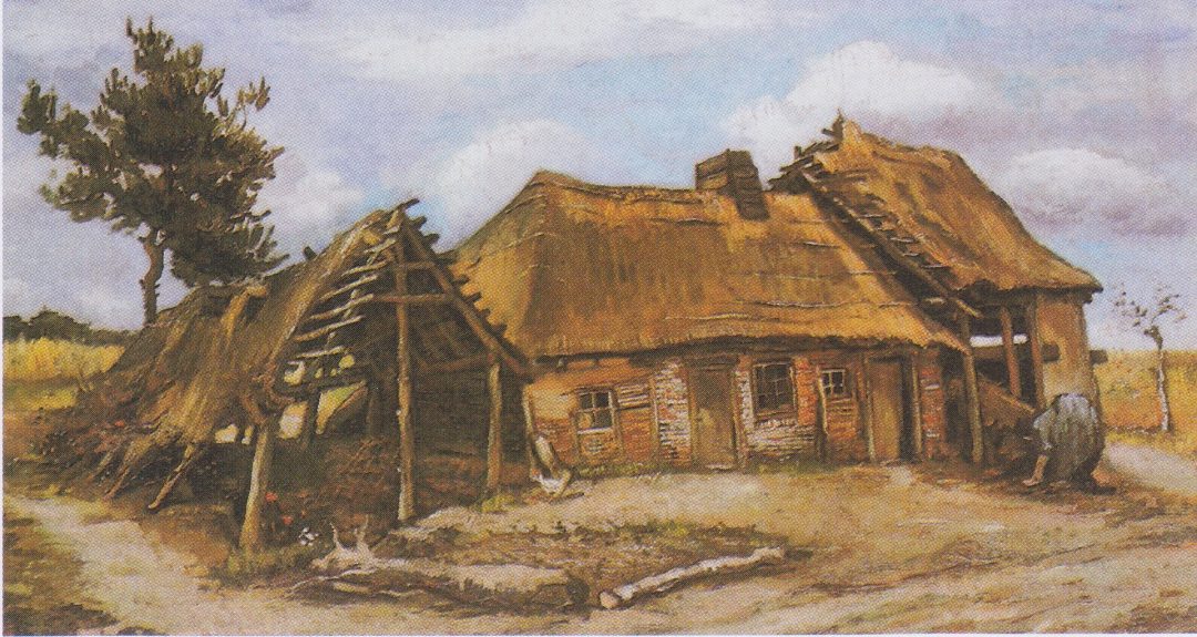 Cabaña con granero ruinoso y campesina agachada, Van Gogh, 1885