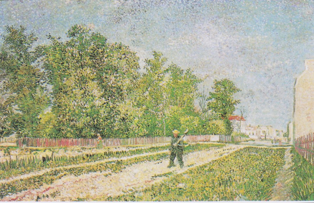 Calle a las afueras de París con un hombre llevando una pala, Van Gogh, 1887