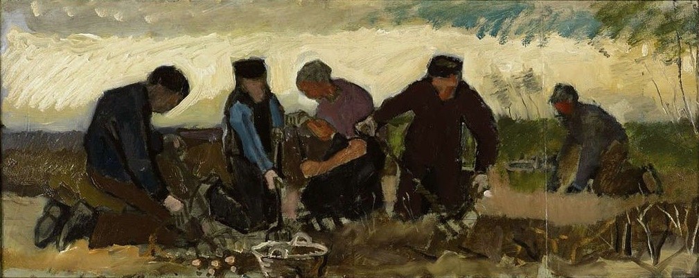 Campesinos arrancando patatas, cinco figuras, de Van Gogh, 1883