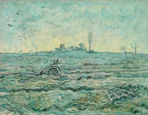 Campo cubierto de nieve con una grada, de Van Gogh