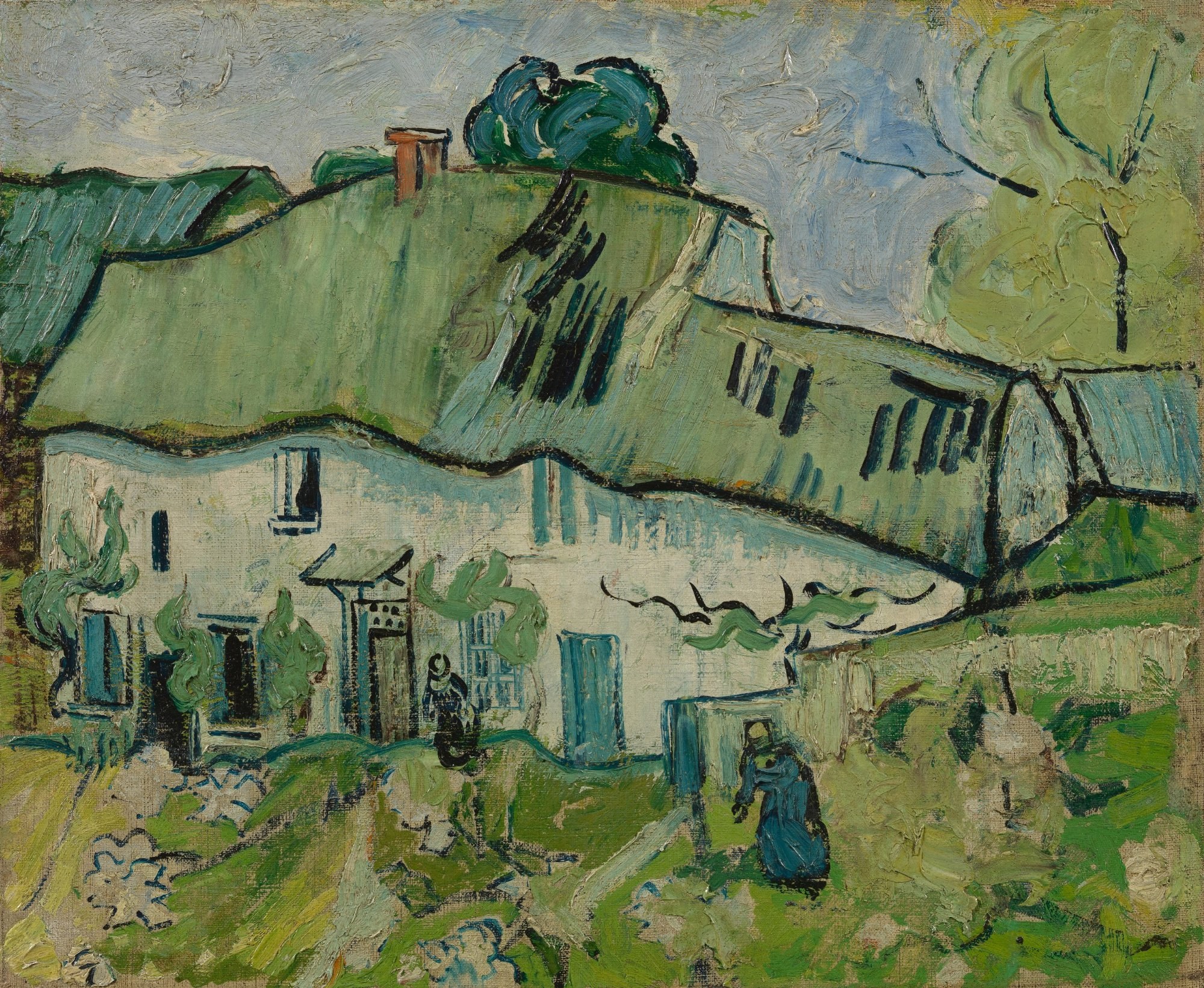 Casa de campo con dos figuras, de Van Gogh (Auvers, 1890): granja de tejado verde