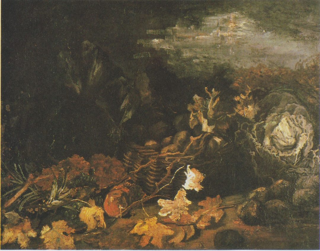 Cesta de patatas con hojas de otoño y verduras, Van Gogh, 1885