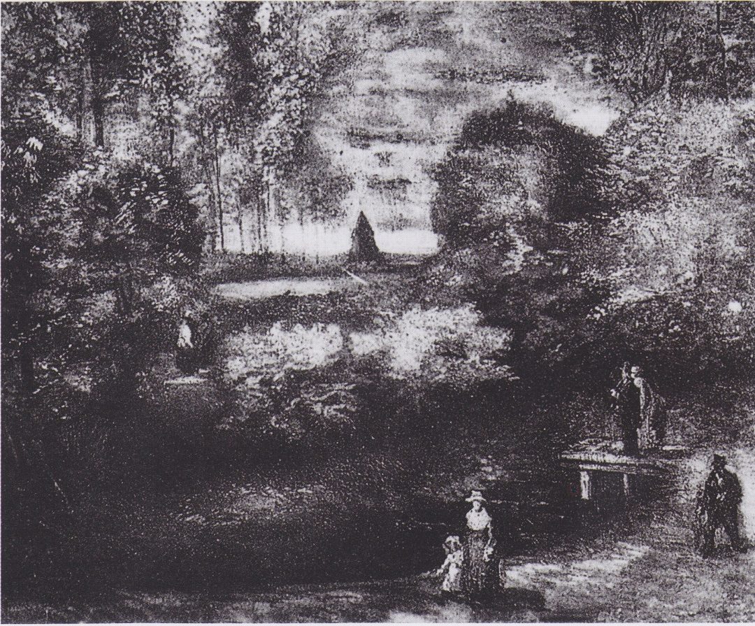 El jardín de la casa parroquial con estanque y figuras, Van Gogh, 1885