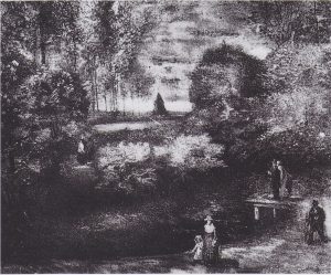 El jardín de la casa parroquial con estanque y figuras, de Van Gogh