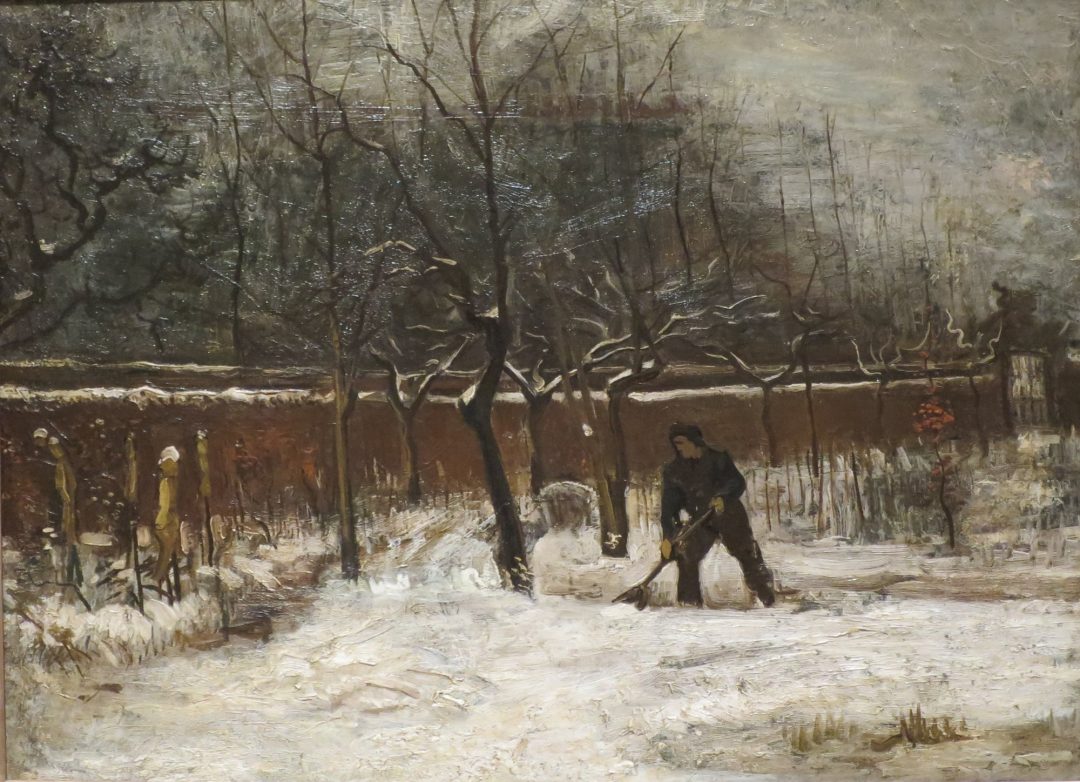 El jardín parroquial de Nuenen con nieve y figura, Van Gogh, 1885