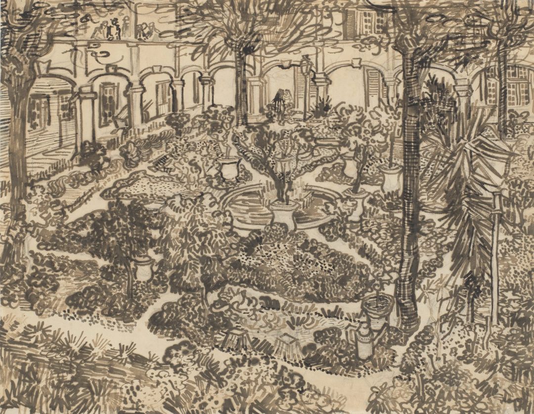 El patio del hospital de Arlés, dibujo de Vincent van Gogh, 1889, Museo Van Gogh