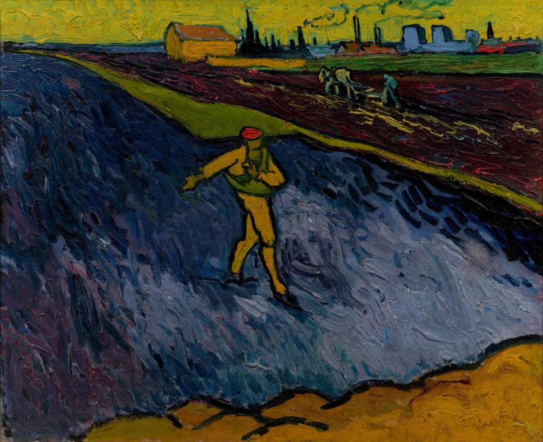 El sembrador, con Arlés al fondo, de Van Gogh (1888): sembrador amarillo en un campo azul