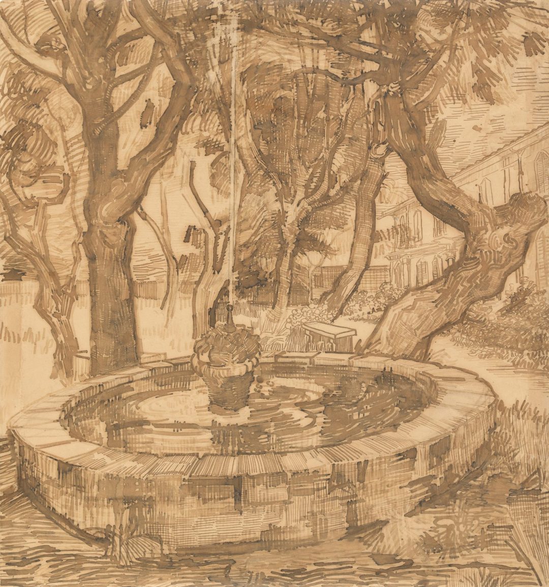 Fuente en el jardín del hospital de Saint-Paul, dibujo de Vincent van Gogh, 1889, Museo Van Gogh