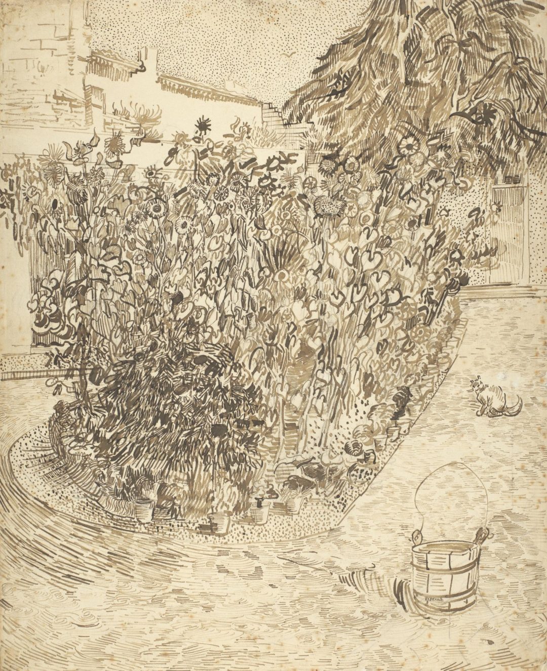 Jardín de una casa de baños, dibujo de Vincent van Gogh, 1888, Museo Van Gogh