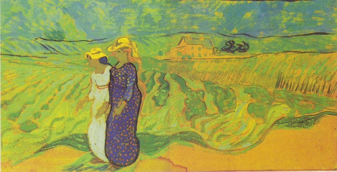 Mujeres cruzando campos, de Van Gogh (1890): dos mujeres con sombreros amarillos entre campos