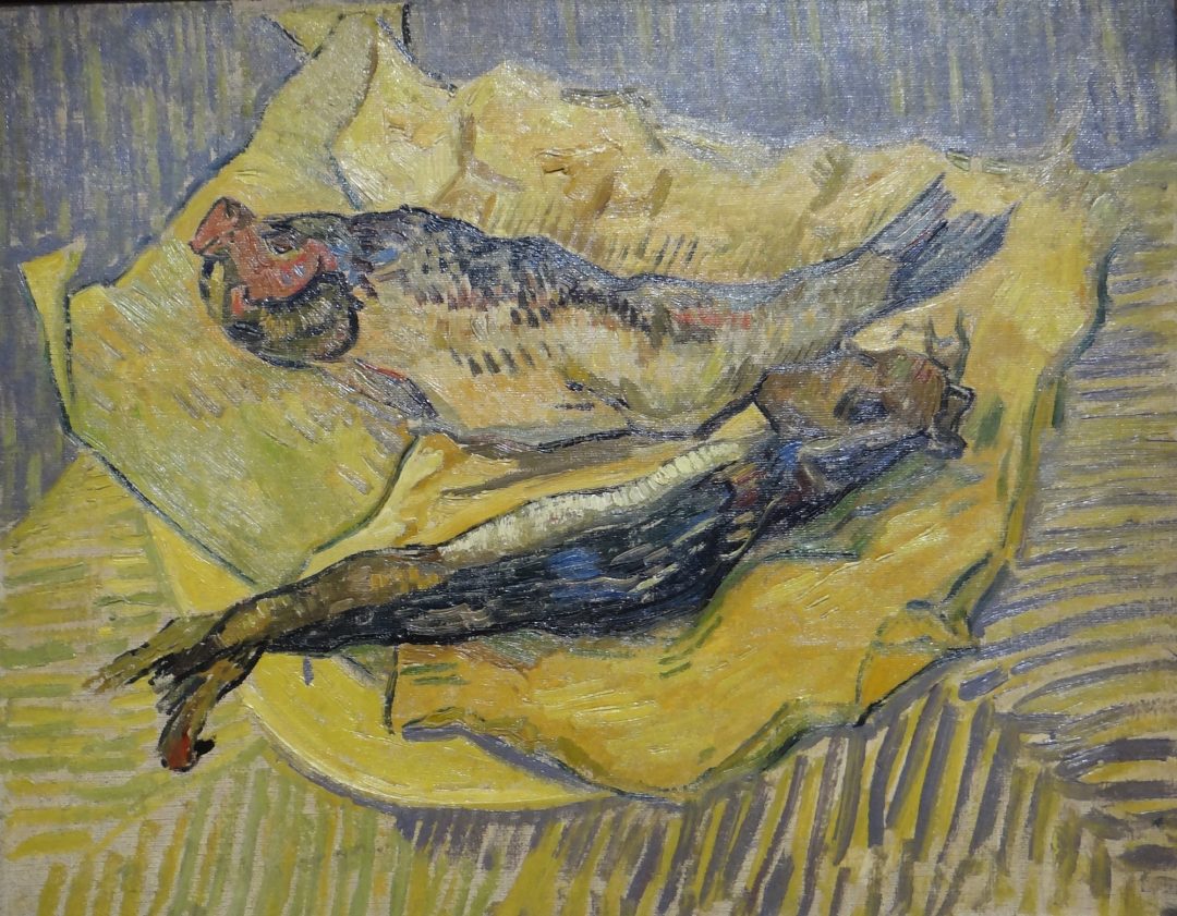 Naturaleza muerta con arenques ahumados sobre papel amarillo, Vincent van Gogh, 1889