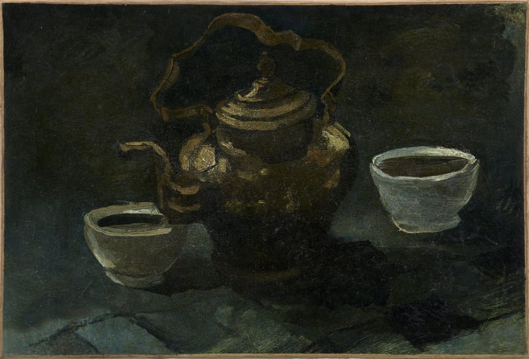Naturaleza muerta con cafetera de cobre y dos cuencos blancos, Van Gogh, Nuenen, 1885