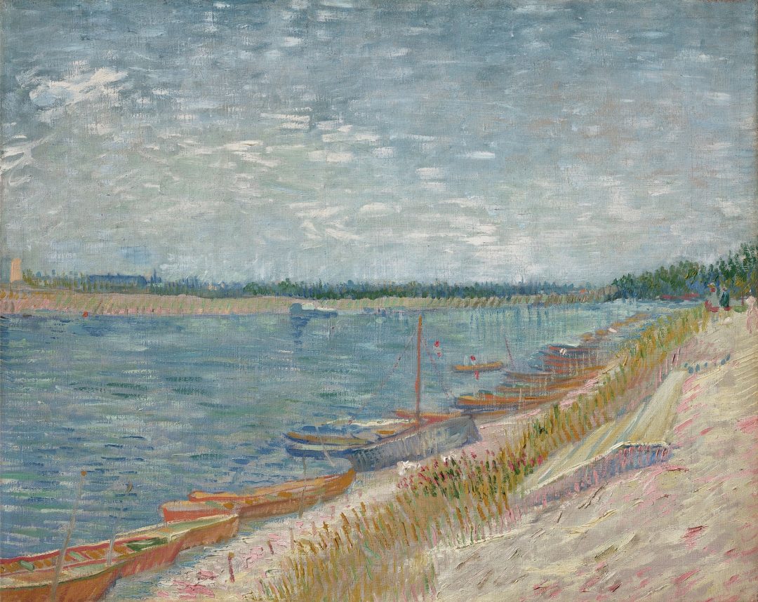 Paisaje fluvial con barcas de remos en la orilla, Vincent van Gogh, 1887