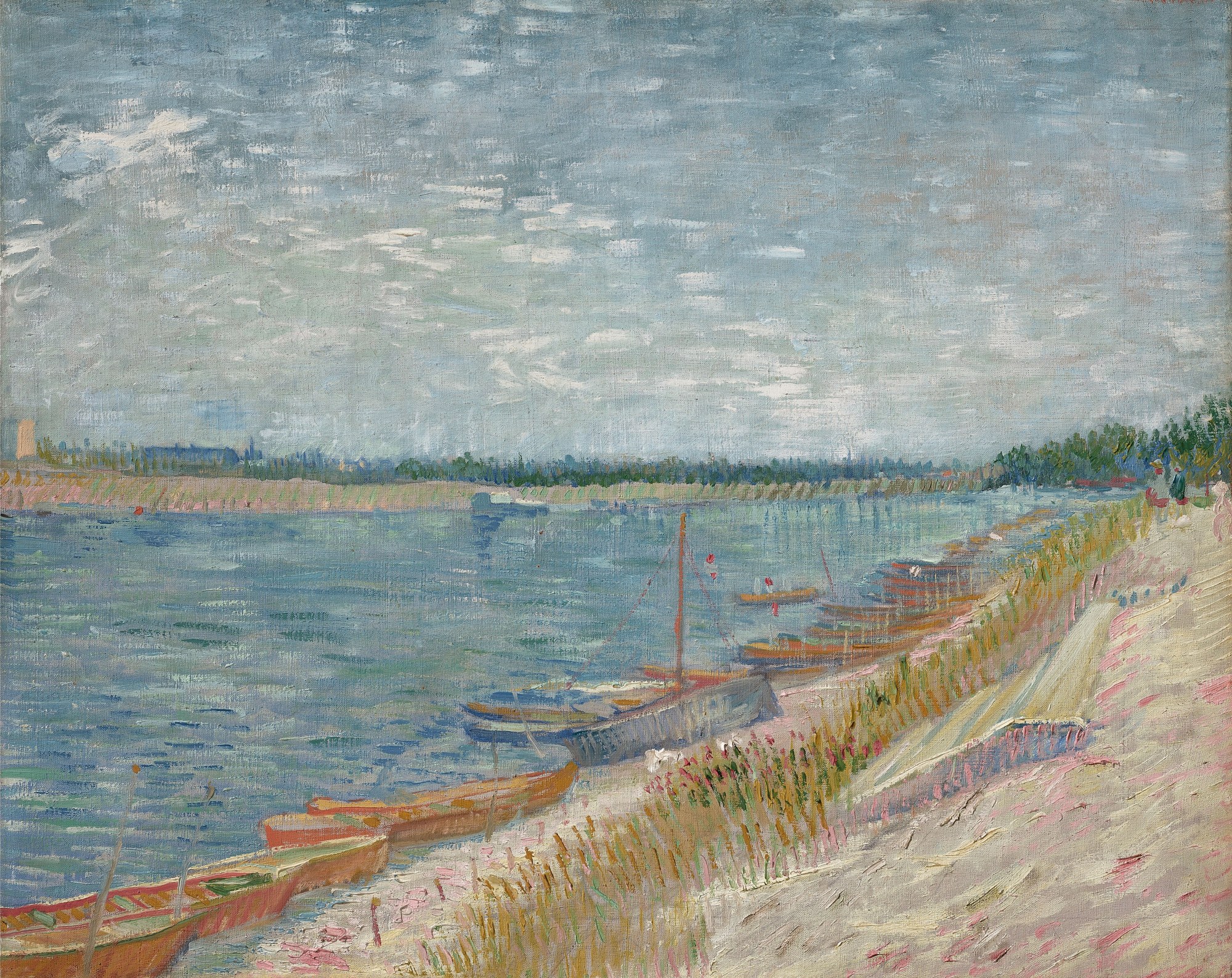 Paisaje fluvial con barcas de remos en la orilla, Vincent van Gogh, 1887