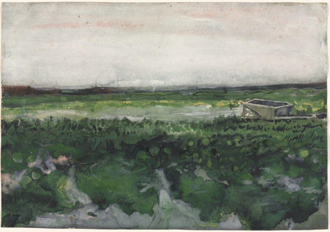 Prado con una carretilla (Landscape with Wheelbarrow), acuarela de Van Gogh, 1883, Cleveland Museum of Art