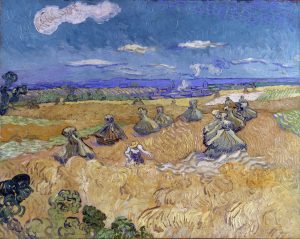 Trigal con gavillas y segador o Trigal con pilas de trigo y segador, de Van Gogh