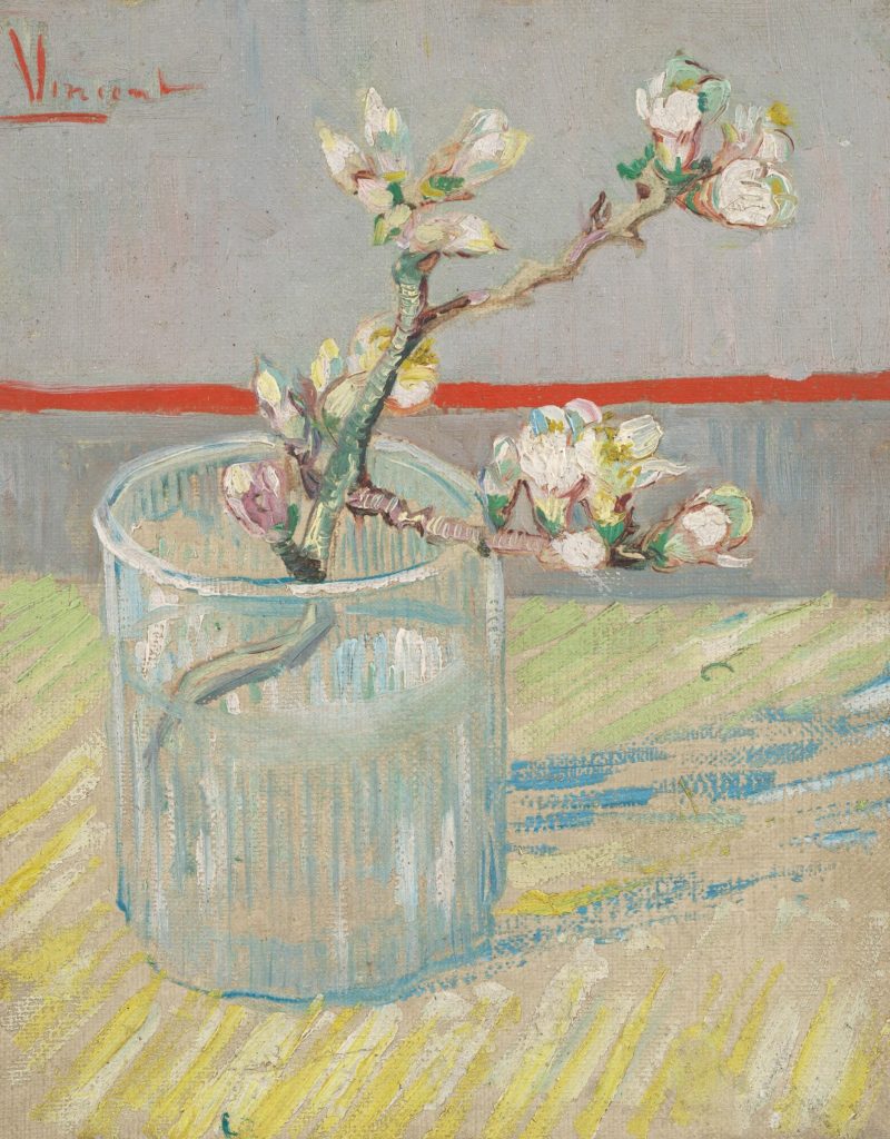 Rama de almendro en flor en un vaso de agua sobre una mesa, con una línea roja horizontal en el fondo y la firma Vincent en rojo