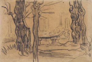 Jardín del asilo con troncos de árboles y un banco de piedra, de Van Gogh