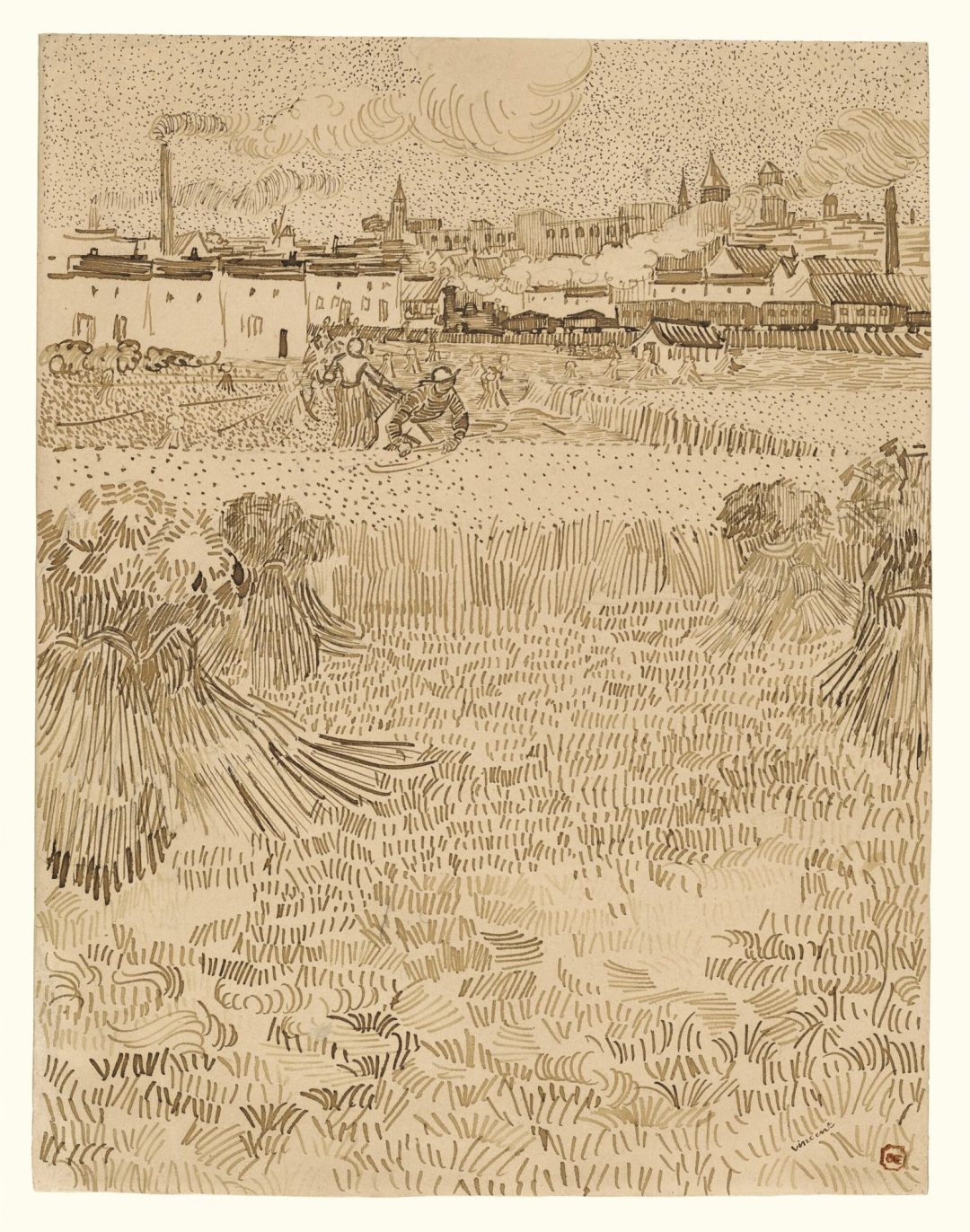 Arlés vista desde los trigales, dibujo (1888), de Vincent van Gogh