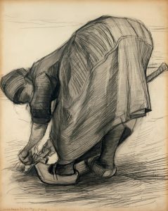 Campesina, inclinada con pala, posiblemente arrancando zanahorias, de Van Gogh