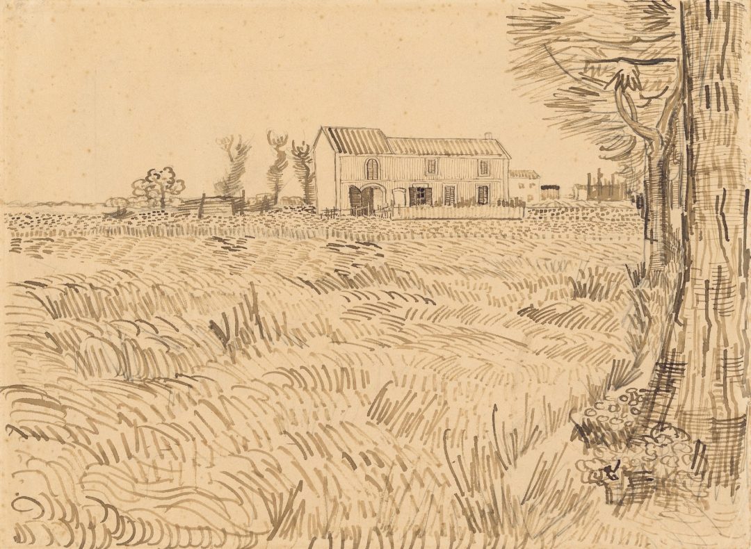Casa de campo en un trigal (dibujo, Arlés, 1888), de Vincent van Gogh