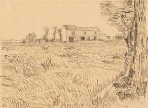 Granja con campo de trigo junto a un camino, de Van Gogh