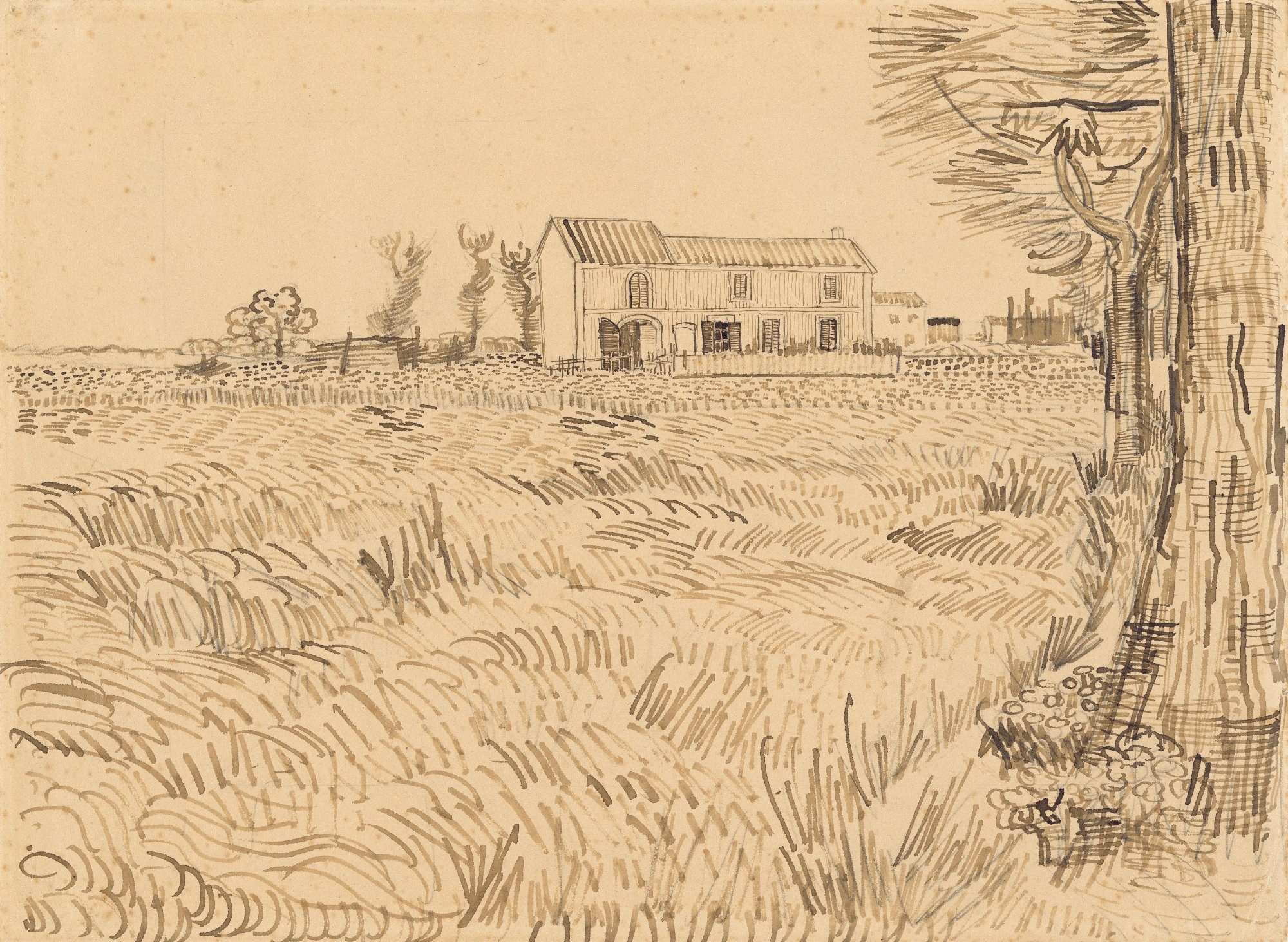 Casa de campo en un trigal (dibujo, Arlés, 1888), de Vincent van Gogh