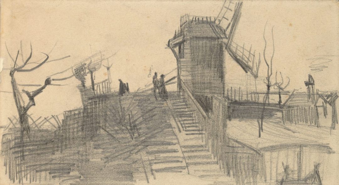 El molino Blute-Fin (dibujo, París, 1886), de Vincent van Gogh