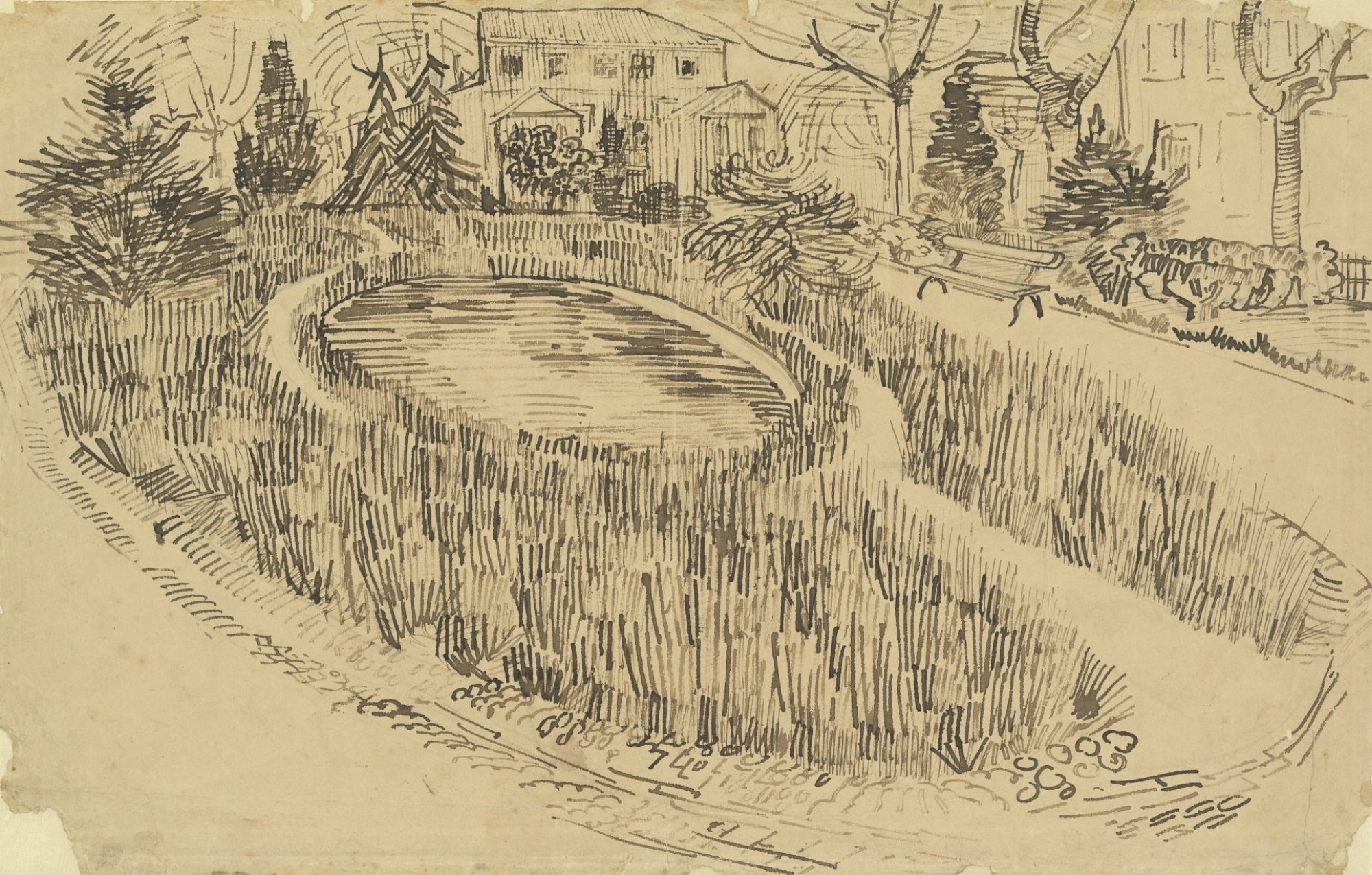 El parque y el estanque frente a la Casa Amarilla (Arlés, 1888), de Vincent van Gogh