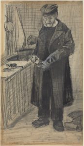 Hombre del orfanato con abrigo largo limpiando botas, de Van Gogh
