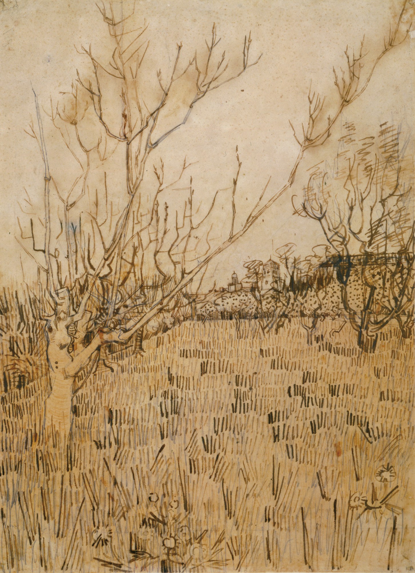 Huerto con Arlés al fondo (1888), de Vincent van Gogh