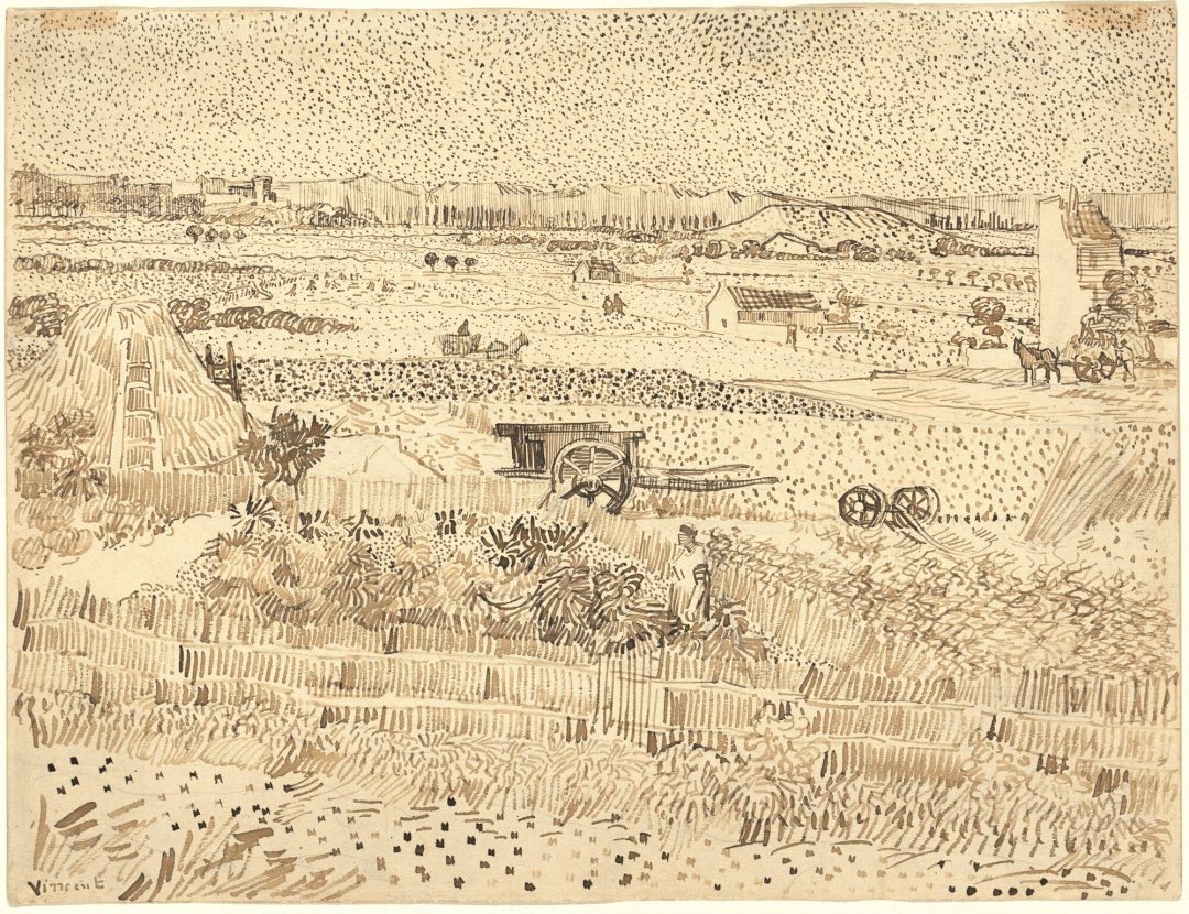 La cosecha en La Crau, dibujo (Arlés, 1888), de Vincent van Gogh