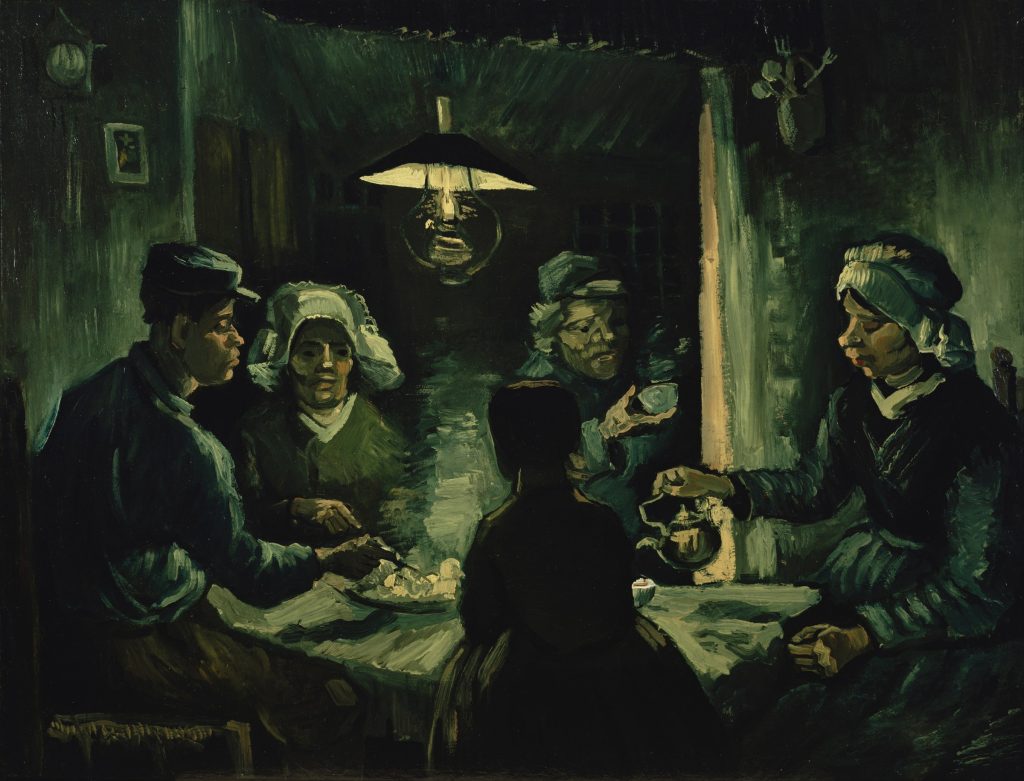 Estudio de Los comedores de patatas del Museo Kröller-Müller: cinco campesinos alrededor de una mesa bajo una lámpara, pintados de forma más suelta y en tonos verdes y azulados