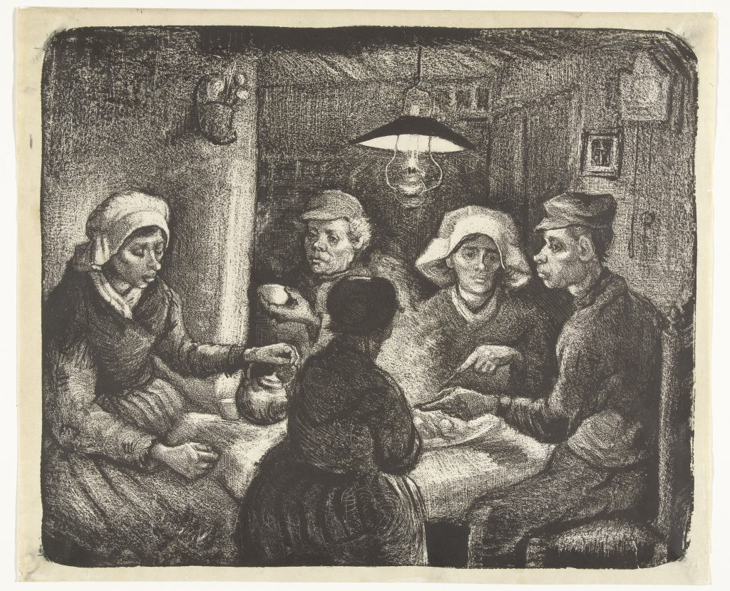 Litografía de Los comedores de patatas de Van Gogh en blanco y negro, con la escena invertida: la mujer que sirve el café aparece a la izquierda y el hombre joven a la derecha