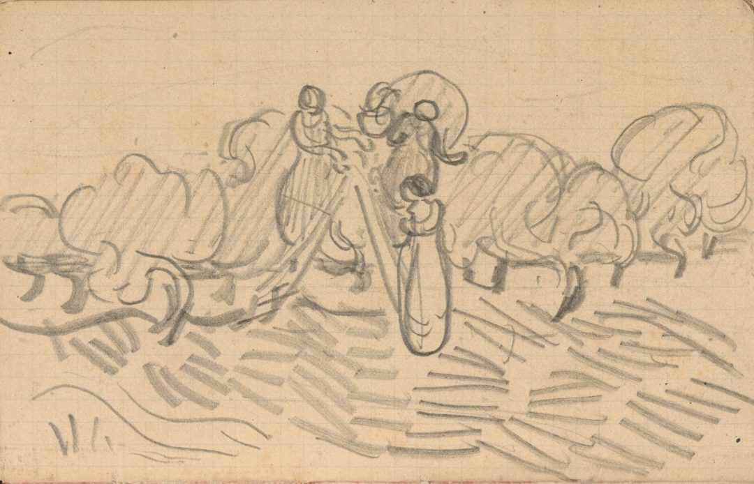 Mujeres recogiendo aceitunas (boceto, 1890), de Vincent van Gogh